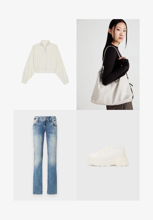 Kreemfarbenest lühikese varrukaga kudum, millel on kõrge kaelus, pool tõmblukk, elastne allosa ja varrukad, sile tekstuur ja minimaalne disain.; Heledad sinised teksad sirge jala disainiga, mis sisaldavad viite nuppu sulgemiseks, esikotte ja peeneid kulumise detaile.; Valge kangast tennis, millel on paks tald, ümar varvas ja viis augukeed lakkide jaoks. Tagumine silt lihtsaks jalga panemiseks. Sile tekstuur, minimalistik disain.; Bež käekott pehme materjali, millel on lõtv disain, õmblustega detailid ja kaks õlarihma. Sobib igapäevaseks kasutamiseks.