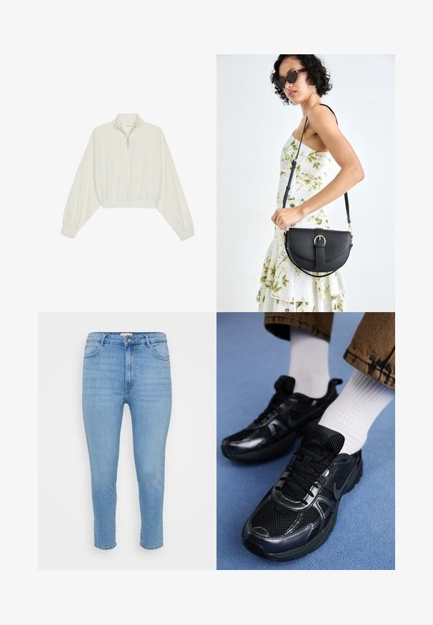 Pullover accorciato in tessuto crema, con colletto alto, chiusura a zip parziale, orlo e polsini elasticizzati, dalla texture liscia e design minimal.; Jeans skinny a vita alta di colore azzurro chiaro con chiusura a bottone e zip, tasche anteriori e posteriori, e taglio alla caviglia.; Le scarpe da sport nere Nike presentano una tomaia in rete con dettagli lucidi, lacci neri e una suola texture. Abbinate a calzini bianchi a coste.; Borsa a tracolla nera in pelle con una forma curva, manico rimovibile e accessori dorati. La borsa presenta una patta con un dettaglio a fibbia.