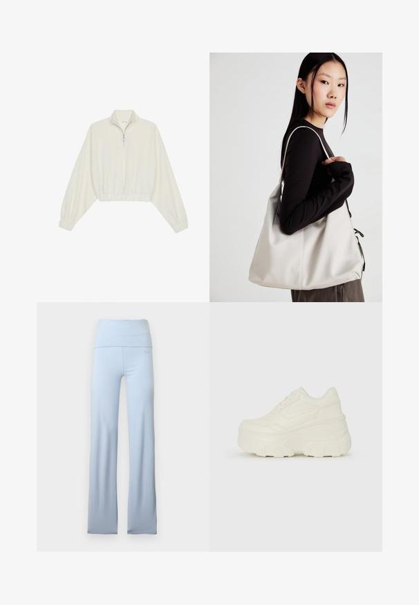 Kreminės spalvos trumpas megztinis, turintis aukštą apykaklę, pusiau užtrauktuką, elastinį apačią irRankovių kraštus, su lygiu paviršiumi ir minimalizuotu dizainu.; Šviesiai mėlynos plačios jogų kelnės su plačia juosmens juosta, lygiu paviršiumi ir subtiliu prekės ženklo logotipu prie klubo. Be raštų ar metalinių detalių.; Baltos platformos sportbačiai su lygiu odos primenančiu paviršiumi, apvalia forma, paminkštintu apykakle ir tekstūruotu guminiu padu su ryškiais protektoriais.; Bežinė rankinė, pagaminta iš minkštos medžiagos, turinti laisvą dizainą, siuvinėtas detalės ir dvi petnešos. Tinkama kasdieniam naudojimui.