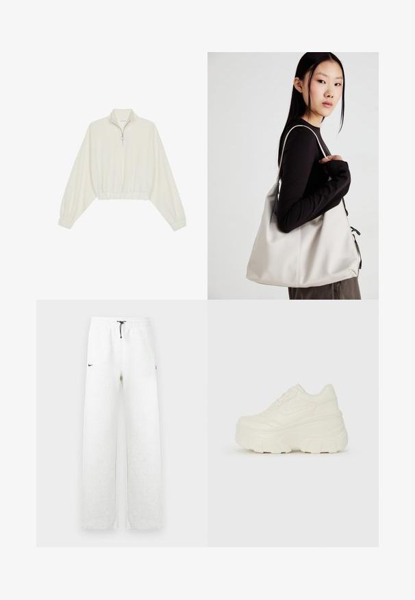 Kort genser i kremfarget stoff, med høy krage, halv glidelås, elastisk nederste kant og mansjetter, med en glatt tekstur og minimalistisk design.; Lysegrå joggebukser laget av mykt stoff, med svart snor, sidelommer og en liten svart Nike-logo på venstre hofte.; Hvite plattformsnickers med en glatt læraktig overdel, avrundet form, polstret krage og teksturert gummisåle med tydelige dekk.; Beige håndveske laget av mykt materiale, med en slapp design, sydd detaljer og to skulderstropper. Passer for daglig bruk.