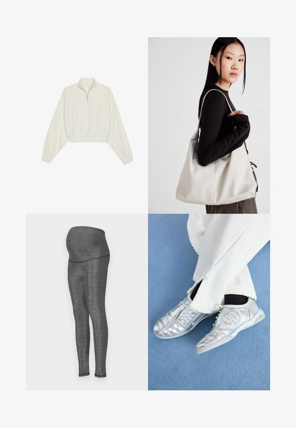 Cropped pullover in cream fabric, featuring a high collar, half-zip closure, elasticated hem and cuffs, with a smooth texture and minimal design.; Maternity leggings in stretchy, metallic black fabric. High waistband designed for comfort, sleek fit through legs, with a smooth texture.; Silver athletic shoes with a smooth, shiny finish, featuring a stitched design and the number 90 on the side, paired with white pants.; Beige handbag made of soft material, featuring a slouchy design, stitched detailing, and two shoulder straps. Suitable for everyday use.