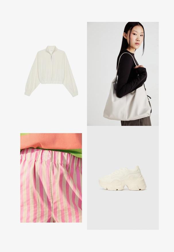 Geknipt pullover in crèmekleurige stof, met een hoge kraag, halve rits, elastische zoom en manchetten, met een soepele textuur en minimalistisch ontwerp.; Rosa en crèmekleurige gestreepte stoffen shorts met een elastische tailleband. Bevat geborduurd logodetail op de tailleband. Soepele textuur.; Chunky witte sneakers gemaakt van geperforeerd mesh en synthetische materialen, met een dikke zool en ingewikkelde patroon details aan de zijkanten.; Beige handtas gemaakt van zacht materiaal, met een slonzig ontwerp, gestikte details en twee schouderbanden. Geschikt voor dagelijks gebruik.