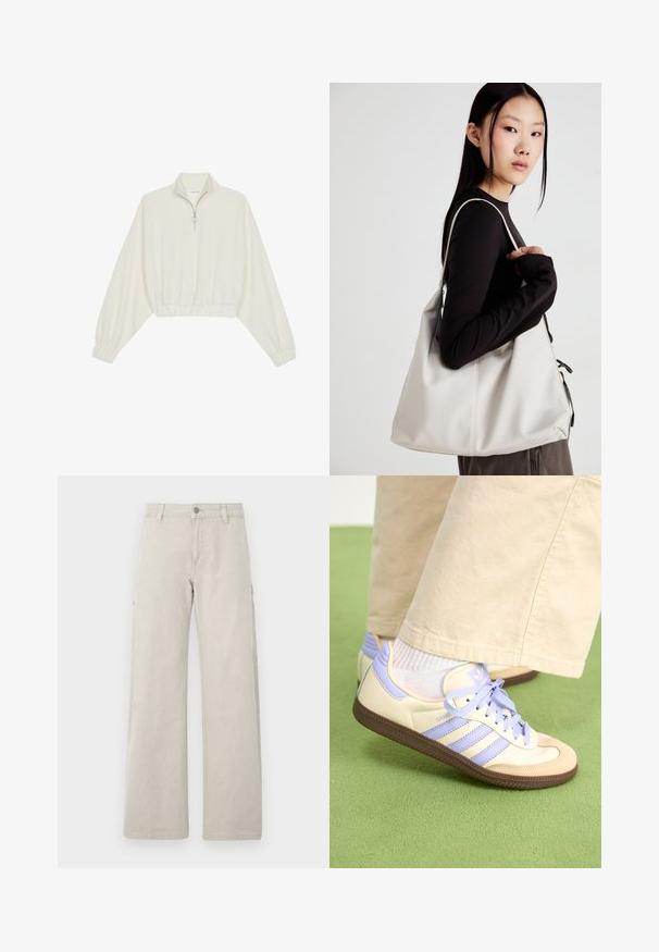 Cropped pullover in cream fabric, featuring a high collar, half-zip closure, elasticated hem and cuffs, with a smooth texture and minimal design.; Beige cargo pants with a straight, wide-leg design, featuring side pockets and a button closure, made from sturdy cotton material.; Cream and lavender sneakers with three stripes and a textured brown sole, featuring laces and a padded heel. Soft fabric upper.; Beige handbag made of soft material, featuring a slouchy design, stitched detailing, and two shoulder straps. Suitable for everyday use.