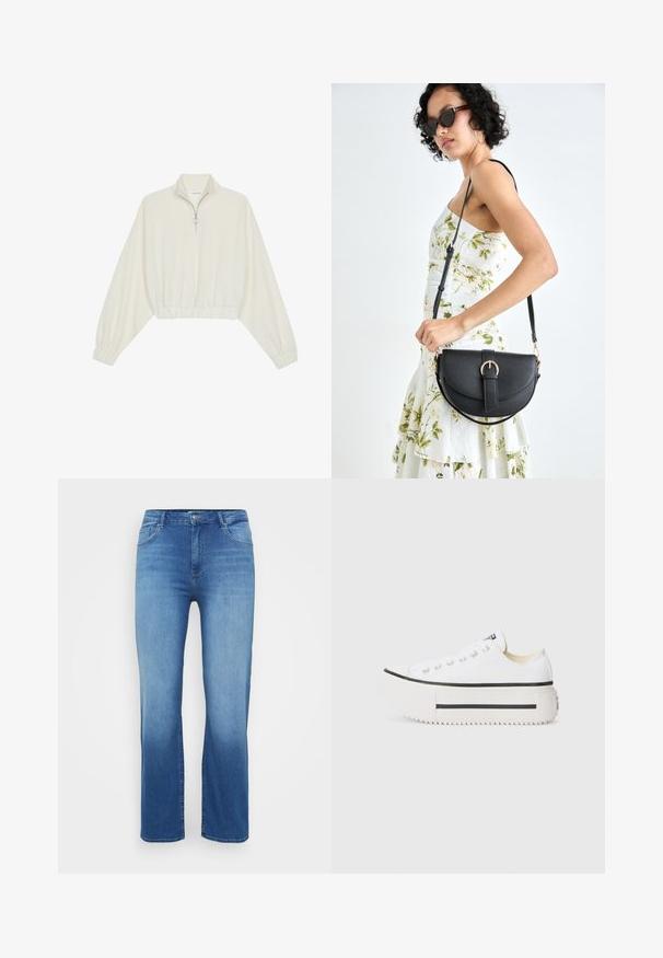 Pullover curto em tecido creme, apresentando um colarinho alto, fecho de meio zíper, bainha e punhos elásticos, com uma textura suave e design minimalista.; Jeans de ganga azul claro com corte reto, design de cinco bolsos e efeito desbotado na barra. Fecho com botão na cintura.; Sapatilhas de lona brancas com sola de borracha preta, bico redondo e ilhoses em metal, apresentando um design simples e limpo.; Bolsa de couro preta com forma curva, alça destacável e detalhes em dourado. A bolsa possui uma aba com detalhe de fivela.