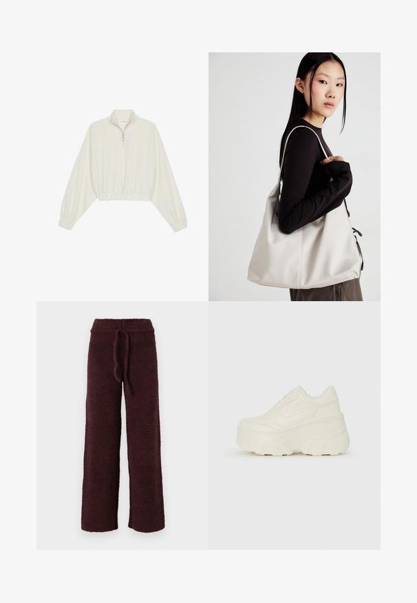 Kreptais pusītes džemperis krēmkrāsā, ar augstu apkakli, puszipa aizdari, elastīgu apakšmalu un aprocēm, ar gludu tekstūru un minimālistisku dizainu.; Burgundijas krāsas, teksturēti sporta bikses, izgatavotas no mīkstas auduma. Iekļautas ir aukliņas viduklī un platās kājas ērtībai. Nav redzamu detaļu vai rakstu.; Baltie platformas sporta apavi, kas izgatavoti no gludas mākslīgās ādas, ar noapaļotu formu, mīkstu apkakli un teksturētu gumijas zoli ar izteiktiem rakstiem.; Bežs rokassoma, izgatavota no mīksta materiāla, ar brīvu dizainu, izšūtu apdari un divām plecu siksnām. Piemērota ikdienas lietošanai.