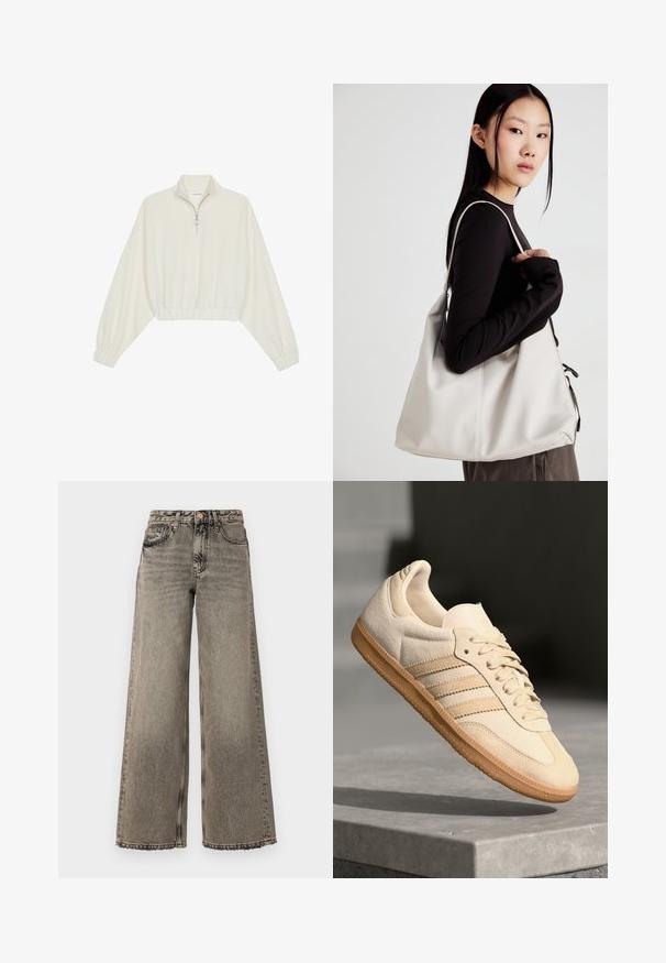 Kreptais pusītes džemperis krēmkrāsā, ar augstu apkakli, puszipa aizdari, elastīgu apakšmalu un aprocēm, ar gludu tekstūru un minimālistisku dizainu.; Platām kājām džinsi izzudušā pelēkā džinsa audumā, ar augstu jostu, piecu kabatu dizainu un saplēstām apakšmalām. Vara aksesuāri.; Gaišbeige zamšas sneakeris ar gumijas zoli, trim diagonālām svītrām un teksturētu purngali. Uz mēles un sānos ir redzams logotips.; Bežs rokassoma, izgatavota no mīksta materiāla, ar brīvu dizainu, izšūtu apdari un divām plecu siksnām. Piemērota ikdienas lietošanai.