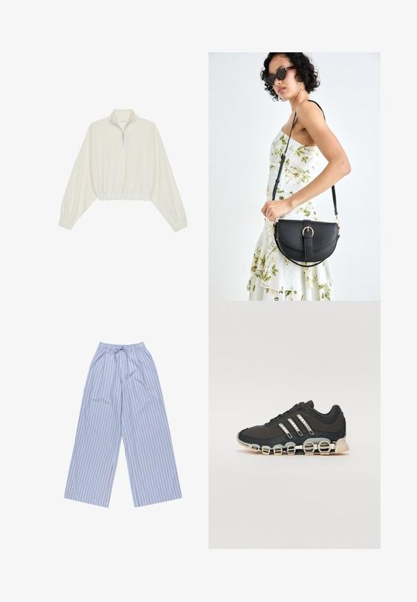 Pullover accorciato in tessuto crema, con colletto alto, chiusura a zip parziale, orlo e polsini elasticizzati, dalla texture liscia e design minimal.; Pantaloni larghi a righe blu con righe verticali rosse, realizzati in tessuto leggero, con vita elastica e coulisse e tasche laterali.; Scarpa da ginnastica nera con tomaia testurizzata, tre strisce argentate e una suola ammortizzata distintiva con più sezioni integrate.; Borsa a tracolla nera in pelle con una forma curva, manico rimovibile e accessori dorati. La borsa presenta una patta con un dettaglio a fibbia.