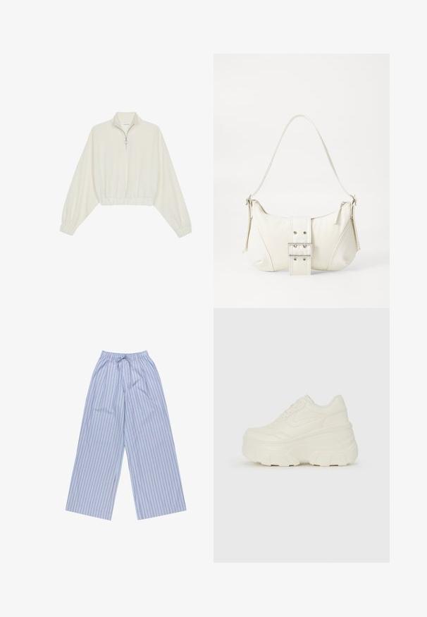 Sudadera cropped en tejido crema, con cuello alto, cierre de media cremallera, dobladillo y puños elásticos, con una textura suave y un diseño minimalista.; Pantalones de pierna ancha a rayas azules con rayas rojas verticales, confeccionados en tejido ligero, que presentan una cintura elástica con cordón y bolsillos laterales.; Zapatillas de plataforma blancas con un upper suave similar al cuero, forma redondeada, cuello acolchado y suela de goma texturizada con surcos definidos.; Bolso de hombro blanco con un acabado texturizado, un detalle de hebilla central y una forma curva. Cierres de cremallera a ambos lados.