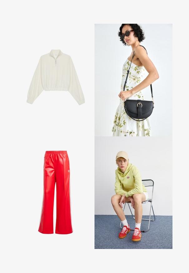 Kort genser i kremfarget stoff, med høy krage, halv glidelås, elastisk nederste kant og mansjetter, med en glatt tekstur og minimalistisk design.; adidas Originals Bukse - better scarlet; Lys grønn hettegenser med logo, hvite shorts, røde sneakers med hvite striper, sitter på en krom sammenleggbar stol mot en nøytral bakgrunn.; Svart lærveske med en buet form, avtagbar stropp og gullbeslag. Vesken har et klaff med spenne-detall.