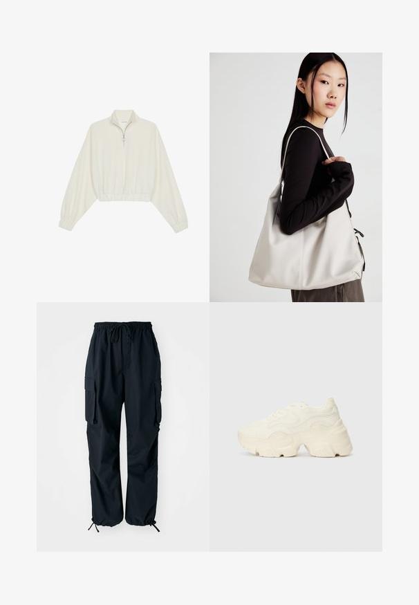 Kreptais pusītes džemperis krēmkrāsā, ar augstu apkakli, puszipa aizdari, elastīgu apakšmalu un aprocēm, ar gludu tekstūru un minimālistisku dizainu.; Melnas kravas bikses, kas izgatavotas no viegla auduma, ar elastīgu jostu, regulējamiem piedurknēm un divām sānu kabatām praktiskai lietošanai.; Masīvi balti sportisti, kas izgatavoti no strukturēta sieta un sintētiskajiem materiāliem, ar biezu zoli un sarežģītām rakstu detaļām gar sāniem.; Bežs rokassoma, izgatavota no mīksta materiāla, ar brīvu dizainu, izšūtu apdari un divām plecu siksnām. Piemērota ikdienas lietošanai.