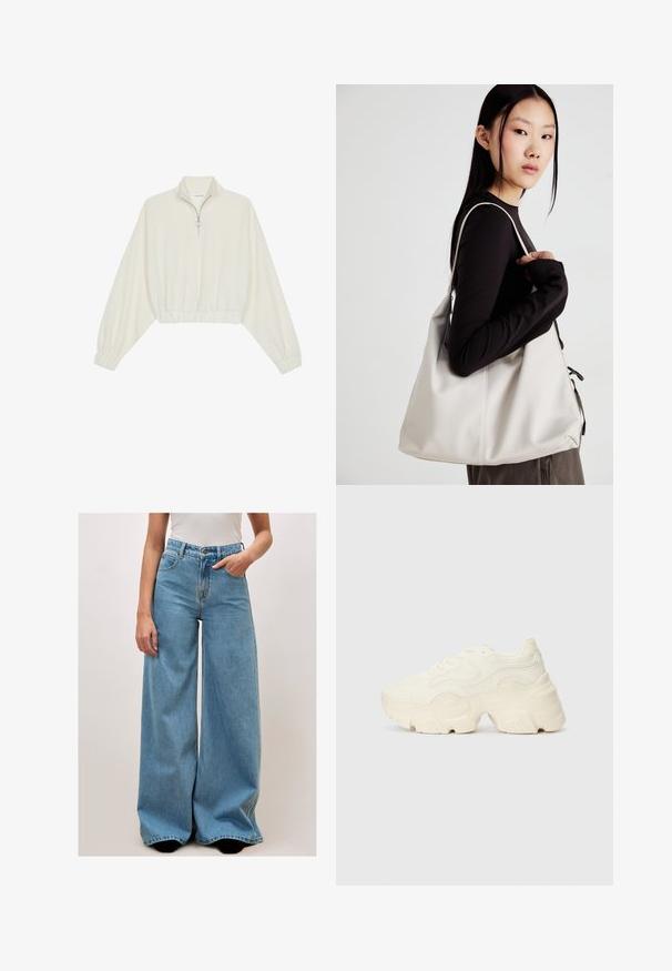 Geknipt pullover in crèmekleurige stof, met een hoge kraag, halve rits, elastische zoom en manchetten, met een soepele textuur en minimalistisch ontwerp.; Lichtblauwe wijde jeans met een hoge taille, voorzakken en knoopsluiting. Gemaakt van denim met een zachte textuur en minimale stiksel details.; Chunky witte sneakers gemaakt van geperforeerd mesh en synthetische materialen, met een dikke zool en ingewikkelde patroon details aan de zijkanten.; Beige handtas gemaakt van zacht materiaal, met een slonzig ontwerp, gestikte details en twee schouderbanden. Geschikt voor dagelijks gebruik.