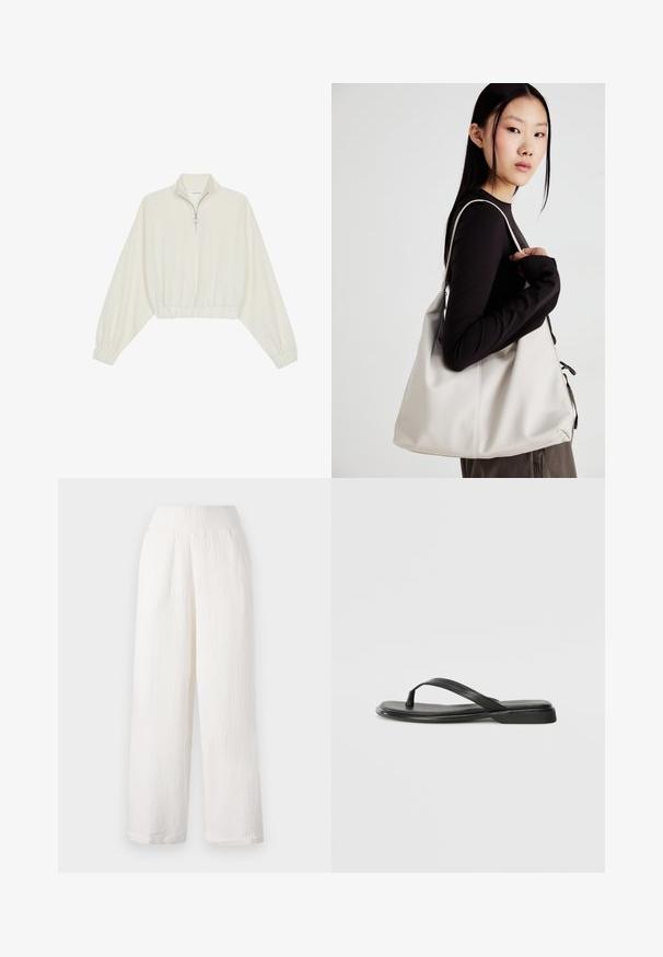 Cropped pullover in cream fabric, featuring a high collar, half-zip closure, elasticated hem and cuffs, with a smooth texture and minimal design.; White wide-leg pants with a textured, crinkled fabric. Features an elasticized waistband and side pockets for convenience.; Black flip-flop made of smooth leather, featuring a thin strap design and a flat sole with a minimal profile. No notable patterns or accents.; Beige handbag made of soft material, featuring a slouchy design, stitched detailing, and two shoulder straps. Suitable for everyday use.