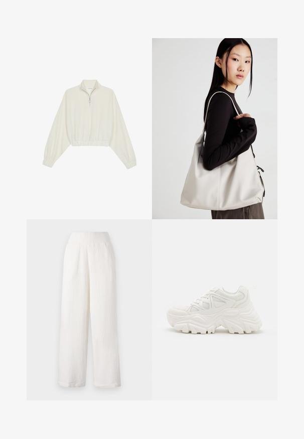 Zkrátený pulover z krémového materiálu, s vysokým golierom, polovičným zipsom, elastickým lemom a manžetami, s hladkou textúrou a minimalistickým dizajnom.; Biele široké nohavice s textúrovanou, pokrčenou tkaninou. Obsahuje elastický pás a bočné vrecká pre väčšie pohodlie.; Biele robustné tenisky s textúrovaným zvrškom, sieťovinovými panelmi a hrubými gumovými podrážkami s výrazným vzorom. Šnúrky a pútko na vytiahnutie sú súčasťou.; Béžová kabelka vyrobená z mäkkého materiálu, s uvoľneným dizajnom, prišitými detailmi a dvoma popruhmi na nosenie na pleciach. Vhodná na každodenné nosenie.
