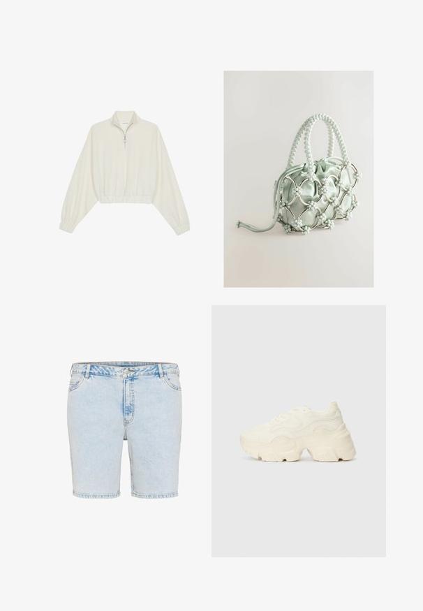 Pulover scurt din stofă crem, cu guler înalt, închidere cu fermoar pe jumătate, elastic la margini și la manșete, cu o textură netedă și un design minimalist.; Șorturi din denim de un albastru deschis, cu croi drept, cinci buzunare și cusături vizibile. Au un sistem de închidere cu nasture și fermoar.; Tenisi albi voluminoși, fabricați din plasă texturată și materiale sintetice, cu o talpă groasă și detalii de model intricate pe laturi.; Next Geantă de mână - blue