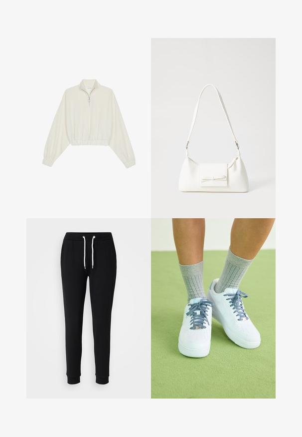 Geknipt pullover in crèmekleurige stof, met een hoge kraag, halve rits, elastische zoom en manchetten, met een soepele textuur en minimalistisch ontwerp.; Zwarte trainingsbroek met een trekkoord in de taille, witte koordaccenten, taps toelopende pijpen en geribde manchetten. Gemaakt van zachte, comfortabele stof.; Witte leren sneakers met blauwe accenten, geperforeerd teenontwerp en textuur van blauw-witte veters, gedragen met grijze geribbelde sokken.; Witte synthetische handtas met een driehoekige vorm, platte voorklep en strikdetail, verstelbare schouderriem, gladde textuur en minimalistisch ontwerp.