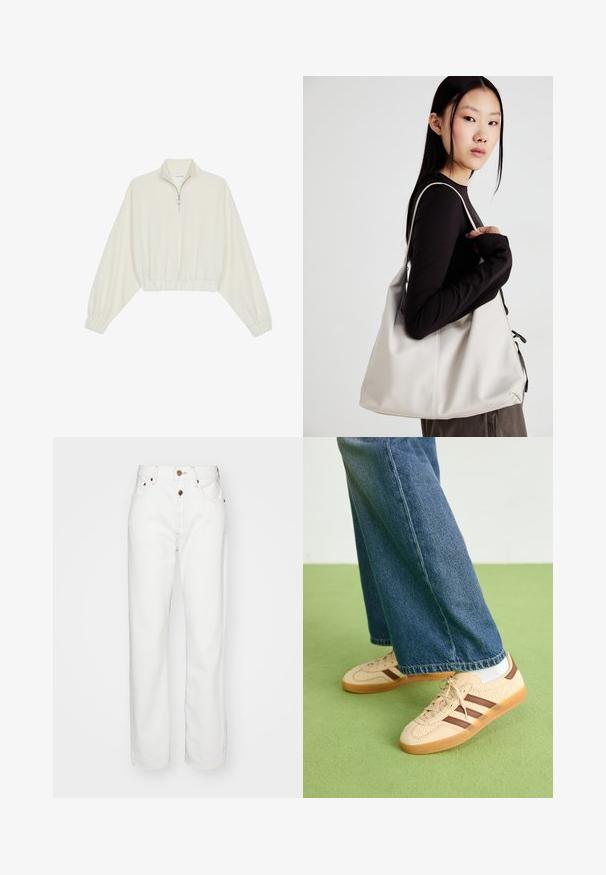 Kort genser i kremfarget stoff, med høy krage, halv glidelås, elastisk nederste kant og mansjetter, med en glatt tekstur og minimalistisk design.; Hvite denim jeans med rett passform; har knapp- og glidelås-lukking, brune sømmer og frontlommer.; Beige joggesko med teksturerte kremfargede paneler og brune striper, parret med blå denimjeans. Jeansene har vid ben og frynsete kant.; Beige håndveske laget av mykt materiale, med en slapp design, sydd detaljer og to skulderstropper. Passer for daglig bruk.