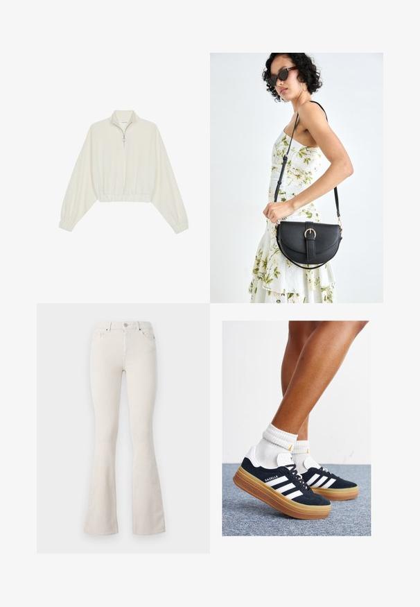 Kort genser i kremfarget stoff, med høy krage, halv glidelås, elastisk nederste kant og mansjetter, med en glatt tekstur og minimalistisk design.; Beige cordfløyelsbukser med vide ben og høy livhøyde, med metallknapp, beltehemper og synlig rillet tekstur gjennom hele.; Svarte sneakers i semsket skinn med hvite striper og detaljer, rund tå, yttersåle i gummigummi, kombinert med hvite ribbestrikkede crew-sokker.; Svart lærveske med en buet form, avtagbar stropp og gullbeslag. Vesken har et klaff med spenne-detall.