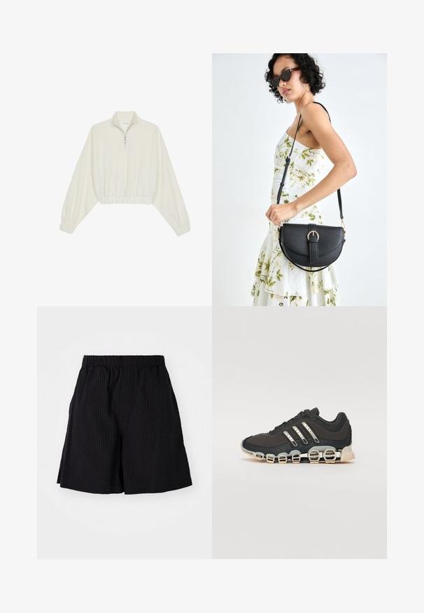 Kreminės spalvos trumpas megztinis, turintis aukštą apykaklę, pusiau užtrauktuką, elastinį apačią irRankovių kraštus, su lygiu paviršiumi ir minimalizuotu dizainu.; Juodi šortai, pagaminti iš struktūruotos medžiagos su briaunuota tekstūra. Savybės: elastinga juosmens juosta ir laisvas kirpimas. Pasibaigia vos virš kelio.; Juodos sportinės avalynės su tekstūruotu viršumi, trimis sidabro juostomis ir išskirtiniu amortizuojančiu padu, turinčiu kelias integruotas dalis.; Juodas odinis krepšys su išlenkta forma, nuimamu dirželiu ir auksiniais detalėmis. Krepšys turi kilpą su sagtimi.