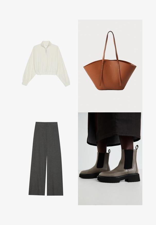 Pulover scurt din stofă crem, cu guler înalt, închidere cu fermoar pe jumătate, elastic la margini și la manșete, cu o textură netedă și un design minimalist.; Pantaloni cu picioare largi dintr-o țesătură ribbed de culoare gri cărbune, având o talie înaltă și dungi verticale pentru textură și detaliu.; Boots gri din piele texturată, la nivelul gleznei, cu panouri elastice pe laterale și o talpă groasă neagră. Au accesorii pentru a fi purtate cu ușurință.; Geantă tote din piele maro, cu o formă largă și bine structurată, mânere subțiri și un finisaj texturat. Prezintă un design minimalist, fără hardware vizibil.