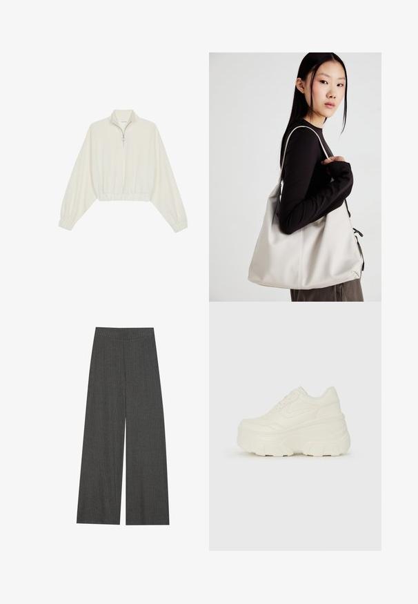 Avkortad tröja i krämfärgad tyg, med hög krage, halvdragkedja, elastisk nederkant och ärmar, med en slät yta och minimalistisk design.; Breda byxor i en kolgrå ribbad tyg, med hög midja och vertikala ränder för textur och detalj.; Vita plattformssneakers med en slät läderliknande överdel, rundad form, vadderad krage och texturerad gummisula med definierade mönster.; Beige handväska tillverkad av mjukt material, med en avslappnad design, sydda detaljer och två axelremmar. Lämplig för dagligt bruk.