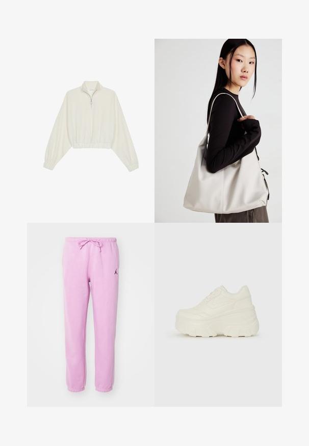 Kreptais pusītes džemperis krēmkrāsā, ar augstu apkakli, puszipa aizdari, elastīgu apakšmalu un aprocēm, ar gludu tekstūru un minimālistisku dizainu.; Gaiši rozā sporta bikses no mīksta auduma, ar elastīgu jostasvietu un auklu, kā arī nelielu melnu logotipu kreisajā augšstilbā.; Baltie platformas sporta apavi, kas izgatavoti no gludas mākslīgās ādas, ar noapaļotu formu, mīkstu apkakli un teksturētu gumijas zoli ar izteiktiem rakstiem.; Bežs rokassoma, izgatavota no mīksta materiāla, ar brīvu dizainu, izšūtu apdari un divām plecu siksnām. Piemērota ikdienas lietošanai.