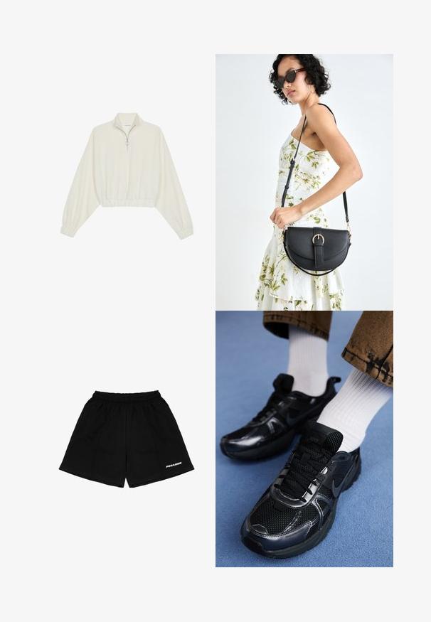 Geknipt pullover in crèmekleurige stof, met een hoge kraag, halve rits, elastische zoom en manchetten, met een soepele textuur en minimalistisch ontwerp.; Zwarte shorts van katoen, met een elastische tailleband, zijzakken en een witte "PEGADOR" logo-opdruk aan de voorkant.; Zwarte Nike sportschoenen met een mesh bovenkant en glanzende accenten, zwarte veters en een gestructureerde zool. In combinatie met witte geribde sokken.; Zwarte leren handtas met een gebogen vorm, afneembare schouderband en gouden hardware. De tas heeft een klep met een gespsluiting.