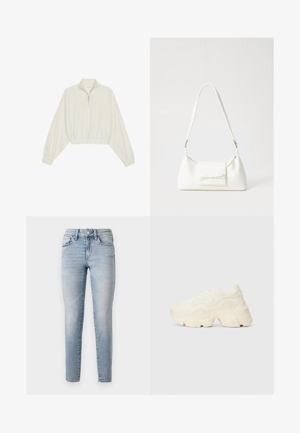 Avkortad tröja i krämfärgad tyg, med hög krage, halvdragkedja, elastisk nederkant och ärmar, med en slät yta och minimalistisk design.; Ljusblå denimjeans med slim fit, med femfickorsdesign, framknäppning och subtila blekningar längs benen.; Tjocka vita sneakers gjorda av texturerat mesh och syntetiska material, med en tjock sula och intrikata mönsterdetaljer längs sidorna.; Vit syntetisk handväska med triangulär form, platt framklaff och rosettdetalj, justerbar rem, slät textur och minimalistisk design.