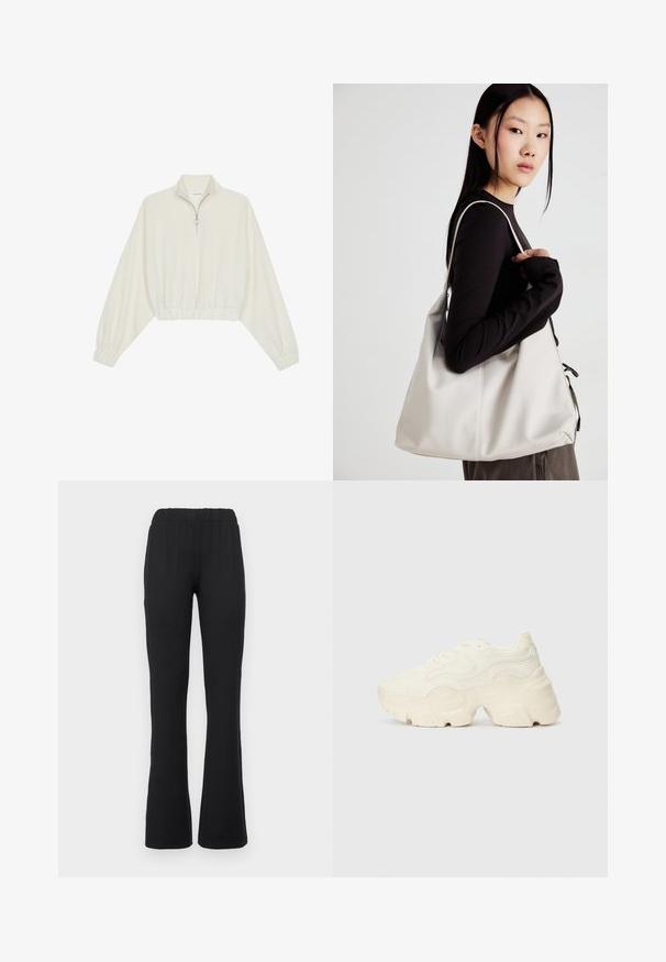 Cropped pullover in cream fabric, featuring a high collar, half-zip closure, elasticated hem and cuffs, with a smooth texture and minimal design.; Black, flared pants with an elastic waistband, featuring a smooth texture and no visible patterns or hardware details.; Chunky white sneakers made of textured mesh and synthetic materials, featuring a thick sole and intricate pattern details along the sides.; Beige handbag made of soft material, featuring a slouchy design, stitched detailing, and two shoulder straps. Suitable for everyday use.