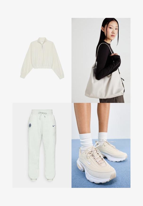 Kreemfarbenest lühikese varrukaga kudum, millel on kõrge kaelus, pool tõmblukk, elastne allosa ja varrukad, sile tekstuur ja minimaalne disain.; Heledad hallide värvi dressipüksid, millel on elastne vöökoht, nöör, sissepööratud pahkluud ja vasakul reiel tumesinine embleem, mis esindab logo.; Beezid spordialused tekstuurse ülemise osaga, valged nöörid ja paks valge tallaga. Disainil on peened kõverad ja väike logo.; Bež käekott pehme materjali, millel on lõtv disain, õmblustega detailid ja kaks õlarihma. Sobib igapäevaseks kasutamiseks.