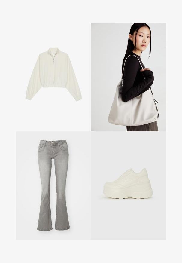 Pullover curto em tecido creme, apresentando um colarinho alto, fecho de meio zíper, bainha e punhos elásticos, com uma textura suave e design minimalista.; Jeans cinzentos com pernas amplas e subida média, bolsos frontais e fecho de botão, feitos de tecido de ganga com uma textura suave.; Tênis brancos de plataforma com um cabedal suave semelhante a couro, formato arredondado, colarinho acolchoado e sola de borracha texturizada com ranhuras bem definidas.; Uma bolsa bege feita de material macio, com um design descontraído, detalhes de costura e duas alças para o ombro. Adequada para uso diário.