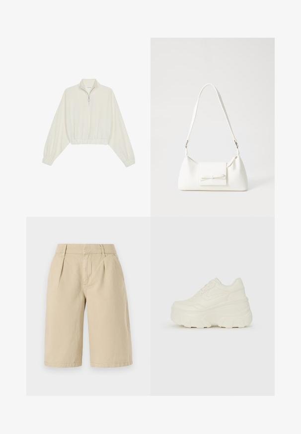 Pullover curto em tecido creme, apresentando um colarinho alto, fecho de meio zíper, bainha e punhos elásticos, com uma textura suave e design minimalista.; Bermudas de algodão bege com um corte relaxado, apresentando plissados frontais e bolsos laterais, terminando logo acima dos joelhos com uma bainha limpa.; Tênis brancos de plataforma com um cabedal suave semelhante a couro, formato arredondado, colarinho acolchoado e sola de borracha texturizada com ranhuras bem definidas.; Mala sintética branca com formato triangular, aba frontal plana e detalhe de laço, alça ajustável, textura suave e design minimalista.