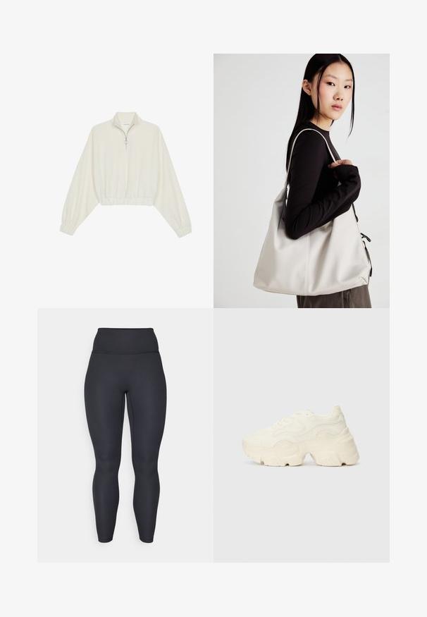 Pullover accorciato in tessuto crema, con colletto alto, chiusura a zip parziale, orlo e polsini elasticizzati, dalla texture liscia e design minimal.; Leggings neri a vita alta con texture a coste, dal design aderente e lunghezza completa. Presentano un ampio cinturino per un adeguato supporto.; Sneakers bianchi chunky realizzati in mesh testurizzato e materiali sintetici, dotati di una suola spessa e dettagli con motivi intricati lungo i lati.; Borsa a mano beige realizzata in materiale morbido, caratterizzata da un design morbido, dettagli cuciti e due manici. Adatta per l'uso quotidiano.