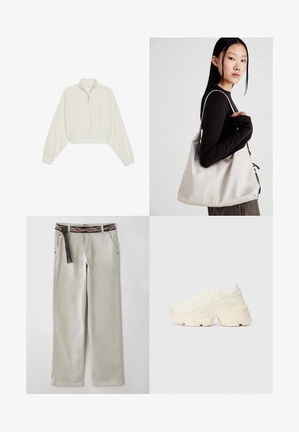 Avkortad tröja i krämfärgad tyg, med hög krage, halvdragkedja, elastisk nederkant och ärmar, med en slät yta och minimalistisk design.; Ljusgrå vida byxor med ett svart bälte som har orangea flamtryck. Tillverkade av bomull med sidofickor och en avslappnad silhuett.; Tjocka vita sneakers gjorda av texturerat mesh och syntetiska material, med en tjock sula och intrikata mönsterdetaljer längs sidorna.; Beige handväska tillverkad av mjukt material, med en avslappnad design, sydda detaljer och två axelremmar. Lämplig för dagligt bruk.