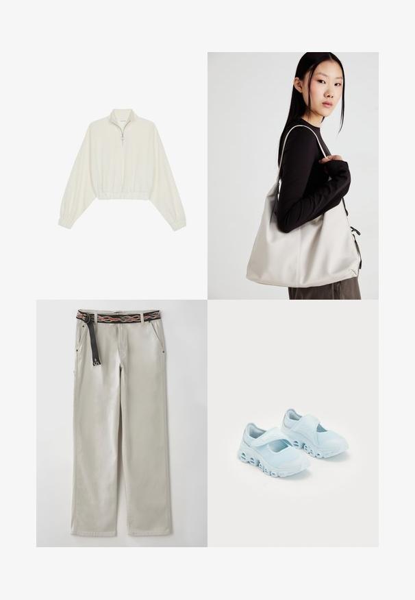 Kreptais pusītes džemperis krēmkrāsā, ar augstu apkakli, puszipa aizdari, elastīgu apakšmalu un aprocēm, ar gludu tekstūru un minimālistisku dizainu.; Gaiši pelēkas platās bikses ar melnu jostu, uz kuras attēloti oranži liesmu raksti. Izgatavotas no kokvilnas, ar sānu kabatām un brīvu siluetu.; Gaišzili sporta apavi ar sieta audumu, izteikti izgriezumi zolē un Velcro siksna virsū, lai nodrošinātu drošu piestiprināšanu.; Bežs rokassoma, izgatavota no mīksta materiāla, ar brīvu dizainu, izšūtu apdari un divām plecu siksnām. Piemērota ikdienas lietošanai.