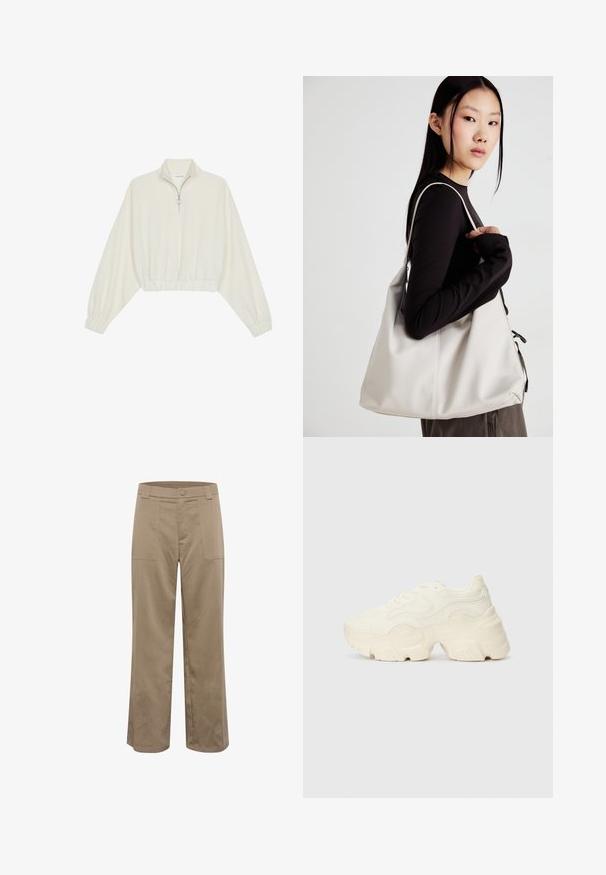 Kreminės spalvos trumpas megztinis, turintis aukštą apykaklę, pusiau užtrauktuką, elastinį apačią irRankovių kraštus, su lygiu paviršiumi ir minimalizuotu dizainu.; Kaki spalvoti plačiakelniai kelnių sėdėti tiesiai, pagaminti iš tekstūruoto audinio, su dviem priekinėmis kišenėmis ir mygtuko uždarymu liemeni.; Masyvios baltos sportbačiai, pagaminti iš tekstūruoto tinklelio ir sintetinių medžiagų, pasižymintys storu padu ir išsamiu raštų detalizavimu šonuose.; Bežinė rankinė, pagaminta iš minkštos medžiagos, turinti laisvą dizainą, siuvinėtas detalės ir dvi petnešos. Tinkama kasdieniam naudojimui.