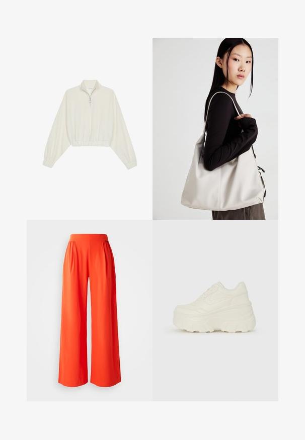 Avkortad tröja i krämfärgad tyg, med hög krage, halvdragkedja, elastisk nederkant och ärmar, med en slät yta och minimalistisk design.; Vida byxor med vida ben i ett mjukt, livfullt orange tyg. Har hög midja och veck för en avslappnad passform. Ren, odekorerad design.; Vita plattformssneakers med en slät läderliknande överdel, rundad form, vadderad krage och texturerad gummisula med definierade mönster.; Beige handväska tillverkad av mjukt material, med en avslappnad design, sydda detaljer och två axelremmar. Lämplig för dagligt bruk.