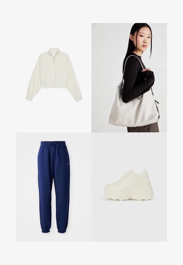 Kreptais pusītes džemperis krēmkrāsā, ar augstu apkakli, puszipa aizdari, elastīgu apakšmalu un aprocēm, ar gludu tekstūru un minimālistisku dizainu.; Navy zila sporta bikses, izgatavotas no mīksta auduma, ar elastīgu jostu ar auklu, elastīgiem piedurknēm un mazu balto logo.; Baltie platformas sporta apavi, kas izgatavoti no gludas mākslīgās ādas, ar noapaļotu formu, mīkstu apkakli un teksturētu gumijas zoli ar izteiktiem rakstiem.; Bežs rokassoma, izgatavota no mīksta materiāla, ar brīvu dizainu, izšūtu apdari un divām plecu siksnām. Piemērota ikdienas lietošanai.