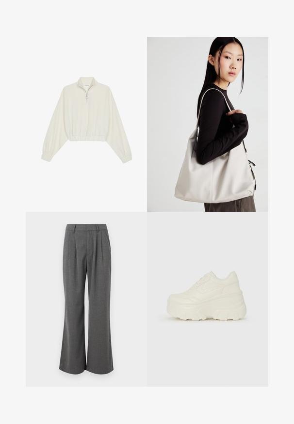 Pullover curto em tecido creme, apresentando um colarinho alto, fecho de meio zíper, bainha e punhos elásticos, com uma textura suave e design minimalista.; Calças largas cinzentas, com um design ajustado, apresentando pregas frontais, textura suave e uma cinta com passadores para cinto.; Tênis brancos de plataforma com um cabedal suave semelhante a couro, formato arredondado, colarinho acolchoado e sola de borracha texturizada com ranhuras bem definidas.; Uma bolsa bege feita de material macio, com um design descontraído, detalhes de costura e duas alças para o ombro. Adequada para uso diário.