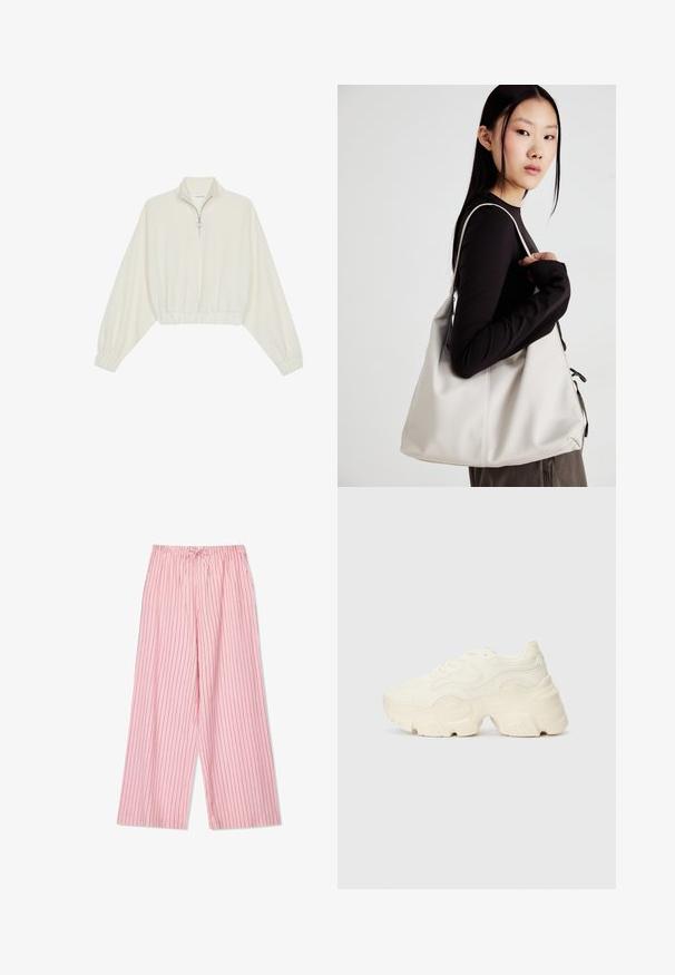 Skórzany pulower w kolorze kremowym, z wysokim kołnierzem, półzamkiem, elastycznym wykończeniem u dołu i mankietami, o gładkiej teksturze i minimalistycznym designie.; Różowe, w pionowe paski, szerokie spodnie z elastycznym pasem i sznurkiem. Tkanina wydaje się lekka, z pionowymi paskami w ciemniejszym odcieniu różu.; Podeszwa chunky białych sneakersów wykonana z teksturowanej siateczki i materiałów syntetycznych, z grubą podeszwą i skomplikowanymi detalami wzoru po bokach.; Beżowa torebka wykonana z miękkiego materiału, charakteryzująca się luźnym fasonem, wyszywanymi detalami i dwoma uchwytami na ramię. Idealna na co dzień.