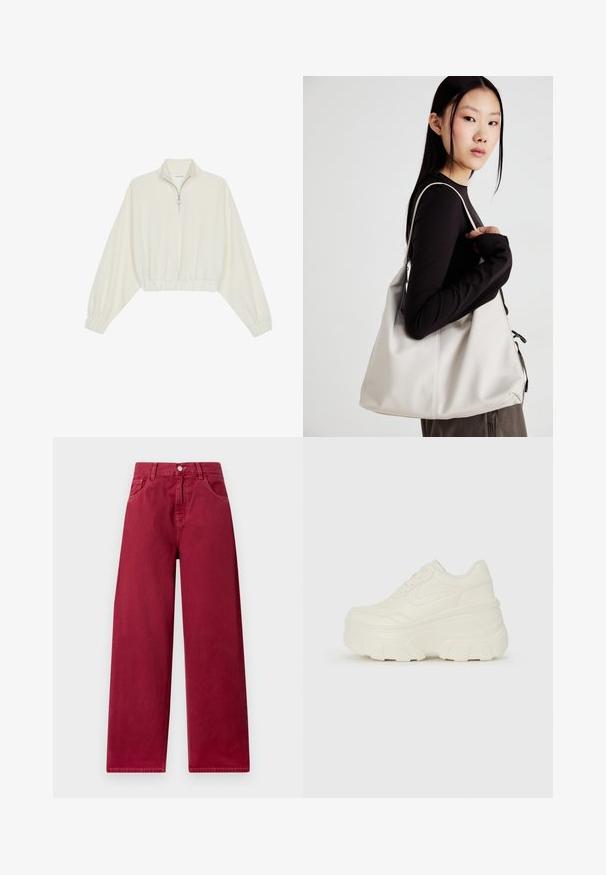Cropped pullover in cream fabric, featuring a high collar, half-zip closure, elasticated hem and cuffs, with a smooth texture and minimal design.; Wide-leg trousers in a deep burgundy hue, made from sturdy denim, featuring front pockets and a button closure at the waist.; White platform sneakers featuring a smooth leather-like upper, rounded shape, padded collar, and textured rubber sole with defined treads.; Beige handbag made of soft material, featuring a slouchy design, stitched detailing, and two shoulder straps. Suitable for everyday use.