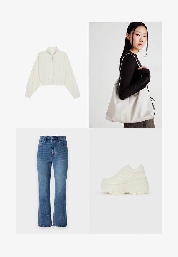 Cropped pullover in cream fabric, featuring a high collar, half-zip closure, elasticated hem and cuffs, with a smooth texture and minimal design.; Light blue denim flared jeans with a high waist, five pockets, and subtle fading. Features golden stitching and a button closure.; White platform sneakers featuring a smooth leather-like upper, rounded shape, padded collar, and textured rubber sole with defined treads.; Beige handbag made of soft material, featuring a slouchy design, stitched detailing, and two shoulder straps. Suitable for everyday use.
