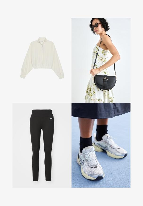 Cropped pullover in cream fabric, featuring a high collar, half-zip closure, elasticated hem and cuffs, with a smooth texture and minimal design.; Black leggings with a high waistband, made from a stretchy material. Features a small logo on the hip and a smooth, matte texture.; White and silver Nike sneakers with mesh fabric, reflective accents, and a beige sole. Worn with black socks, standing on a blue surface.; Black leather handbag with a curved shape, detachable strap, and gold hardware. The bag features a flap with a buckle detail.