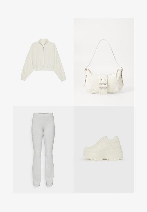 Pullover accorciato in tessuto crema, con colletto alto, chiusura a zip parziale, orlo e polsini elasticizzati, dalla texture liscia e design minimal.; Leggings grigi, elasticizzati, con vita aderente, fondo svasato e una texture sottile. Nessun hardware o motivo visibili. Design semplice e lineare.; Sneakers bianchi con piattaforma, caratterizzati da una parte superiore simile alla pelle liscia, forma arrotondata, collo imbottito e suola in gomma testurizzata con scanalature ben definite.; Borsa a spalla bianca con una finitura testurizzata, un accentuato fermaglio centrale e una forma curva. Chiusure a cerniera su entrambi i lati.