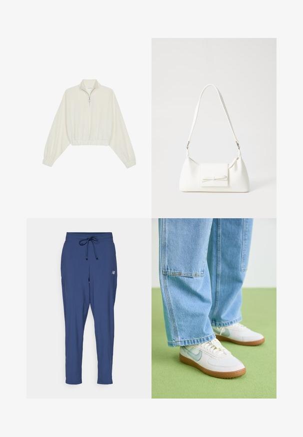 Avkortad tröja i krämfärgad tyg, med hög krage, halvdragkedja, elastisk nederkant och ärmar, med en slät yta och minimalistisk design.; New Balance SPORT ESSENTIALS PERFORMANCE PANT - Träningsbyxor - navy; Vita sneakers med ljusblå accenter, texturerad mesh ovandel och beige gummisula, kombinerade med löst sittande ljusblå denimjeans.; Vit syntetisk handväska med triangulär form, platt framklaff och rosettdetalj, justerbar rem, slät textur och minimalistisk design.