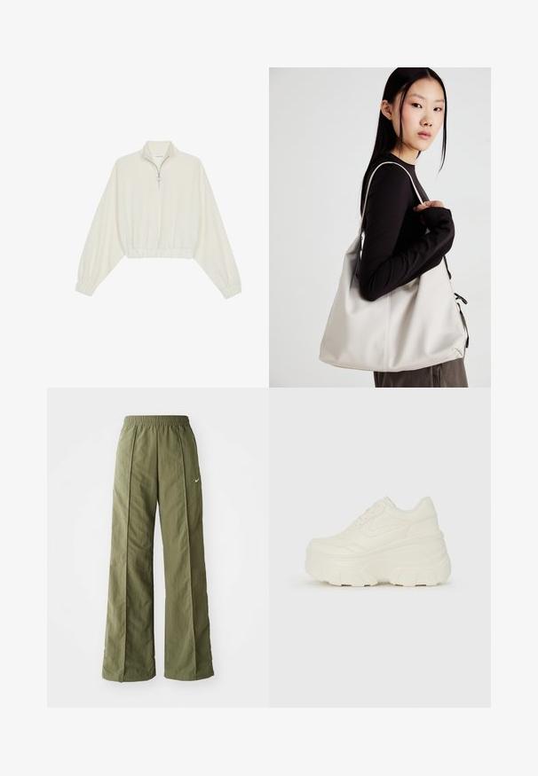 Avkortad tröja i krämfärgad tyg, med hög krage, halvdragkedja, elastisk nederkant och ärmar, med en slät yta och minimalistisk design.; Olivgröna vida byxor i lätt tyg, med resårmidja och en liten vit logotyp på framsidan.; Vita plattformssneakers med en slät läderliknande överdel, rundad form, vadderad krage och texturerad gummisula med definierade mönster.; Beige handväska tillverkad av mjukt material, med en avslappnad design, sydda detaljer och två axelremmar. Lämplig för dagligt bruk.