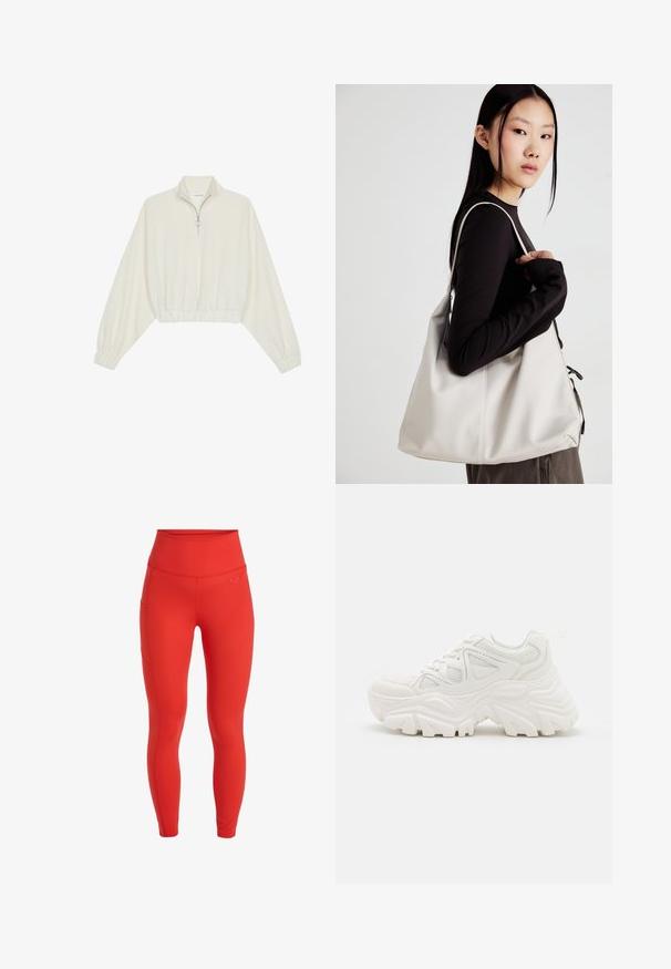 Gerippter Pullover aus cremefarbener Baumwolle mit hohem Kragen, halbem Reißverschluss, elastischen Säumen und Bündchen, glatter Textur und minimalistischem Design.; Rote hoch geschnittene Leggings mit einer glatten Textur, ausgestattet mit einer Seitentasche und einem kleinen Logo über dem Bund. Figurbetontes Design.; Weiße klobige Sneakers mit strukturiertem Obermaterial, Mesh-Einsätzen und dicken Gummisohlen mit markantem Profil. Inklusive Schnürsenkeln und Zuglasche.; Beige Handtasche aus weichem Material, mit einem lässigen Design, gesteppten Details und zwei Schulterriemen. Geeignet für den täglichen Gebrauch.