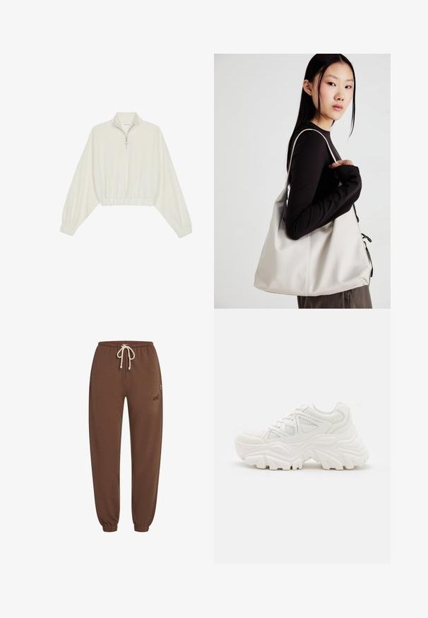 Kreemfarbenest lühikese varrukaga kudum, millel on kõrge kaelus, pool tõmblukk, elastne allosa ja varrukad, sile tekstuur ja minimaalne disain.; Pruunid dressipüksid pehmest kangast, millel on elastne vöökoht koos stringiga, kitsenevad sääred ja logo aktsent küljel.; Valged jämedad sneakers, millel on tekstureeritud ülemine osa, võrgusilma paneelid ja paksud kummist tallad, millel on silmapaistev mustrimuster. Paelad ja tõmbeosa on kaasa arvatud.; Bež käekott pehme materjali, millel on lõtv disain, õmblustega detailid ja kaks õlarihma. Sobib igapäevaseks kasutamiseks.