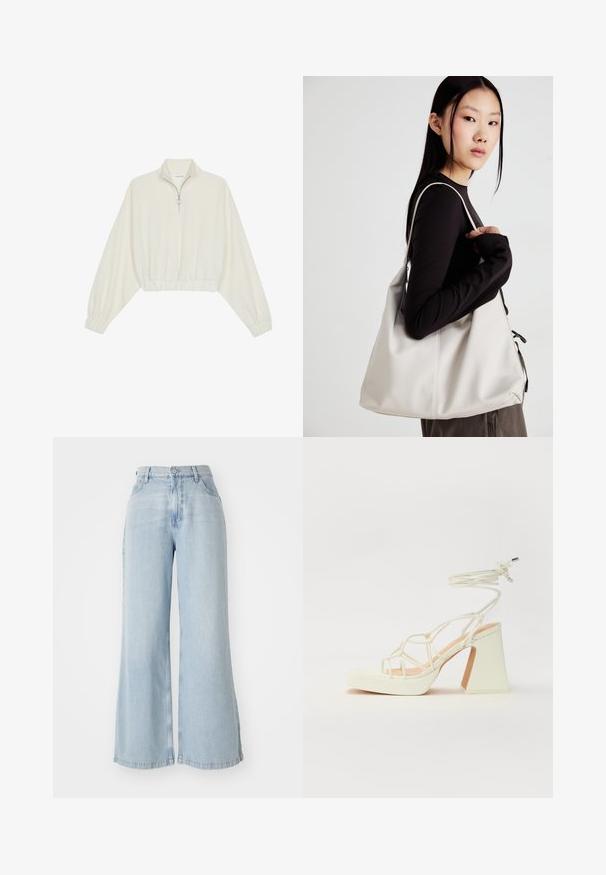 Kratka pulover v kremnem blagu, z visokim ovratnikom, pol-zadrgo, elastičnim robom in manšetami, z gladko teksturo in minimalističnim oblikovanjem.; Svete modre široke kavbojke iz denima. Imajo visok pas, sprednje zapiranje na gumb in dva stranska žepa. Poškodovana tekstura ob robovih.; Bela sandala na visokih petah s debelim petam, ki ima obliko trakcev in vezanje okoli gležnja. Gladka tekstura z platformo spredaj za dodatno višino.; Bežna torbica iz mehkega materiala, z ohlapno zasnovo, šivi in dvema naramnicama. Primerna za vsakodnevno uporabo.