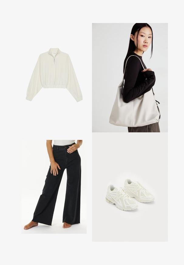 Kort striktrøje i cremefarvet stof med høj krave, halvlynlås, elastisk kant og manchetter, glat tekstur og minimalistisk design.; Højtaljede sorte brede jeans lavet af denim, med knap- og lynlåslukning, rå kant-detaljer og sidelommer.; Hvide sportssko i mesh og syntetiske materialer, snørebåndsdesign, polstret krave og tekstureret sål for bedre greb. Letvægts konstruktion.; Beige håndtaske lavet af blødt materiale med et slouchy design, stikninger og to skulderremme. Velegnet til daglig brug.