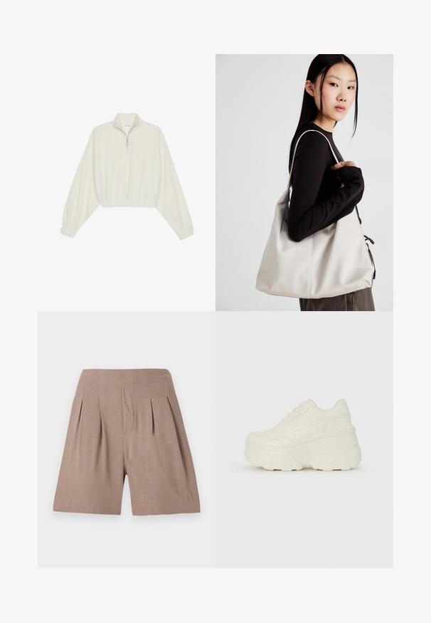 Avkortad tröja i krämfärgad tyg, med hög krage, halvdragkedja, elastisk nederkant och ärmar, med en slät yta och minimalistisk design.; Bruna plisserade shorts gjorda av ett lätt material, med en slät yta och en skräddarsydd passform, i en ren, minimalistisk design.; Vita plattformssneakers med en slät läderliknande överdel, rundad form, vadderad krage och texturerad gummisula med definierade mönster.; Beige handväska tillverkad av mjukt material, med en avslappnad design, sydda detaljer och två axelremmar. Lämplig för dagligt bruk.